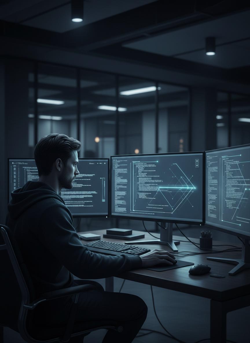 Kynex Solutions engineer working on a custom software project — React, Laravel and Flutter stack